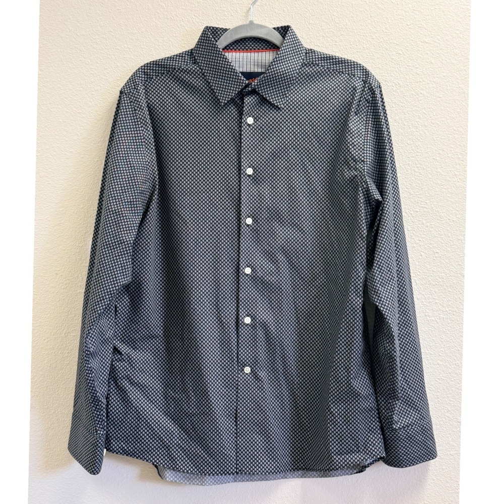 Egara Mens Slim Fit Stretch Non Iron Dress Shirt Navy Geometric Dot Long Sleeve